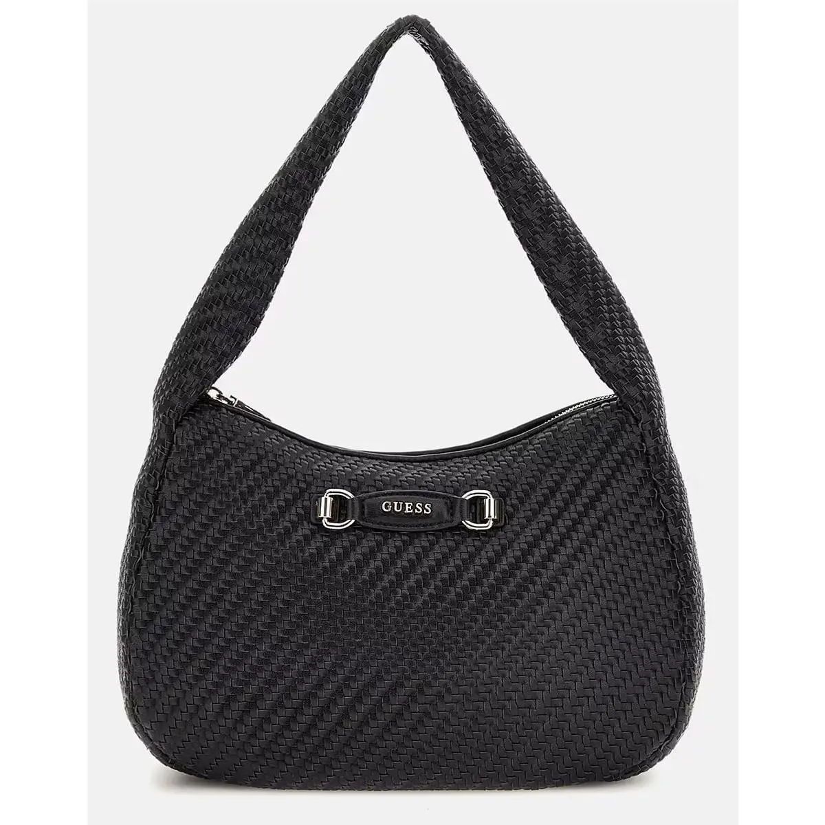Guess Woven Zipper Leather Hobo Shoulder Womens Bag In Black