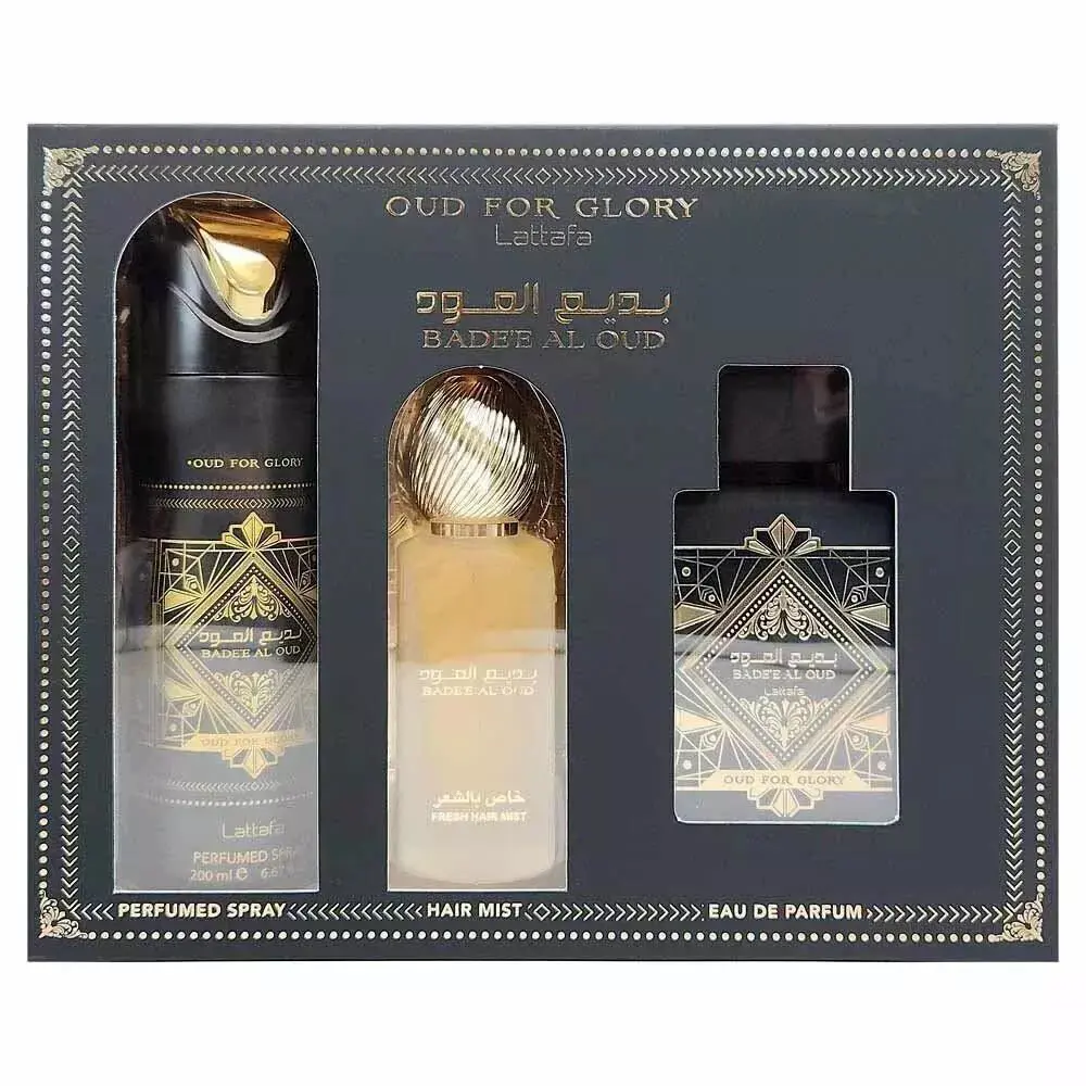 Lattafa Bade’e Al Oud 3pc Set: 3.4oz Edp Spray + 1.7oz Hair Mist + 6.7oz Body