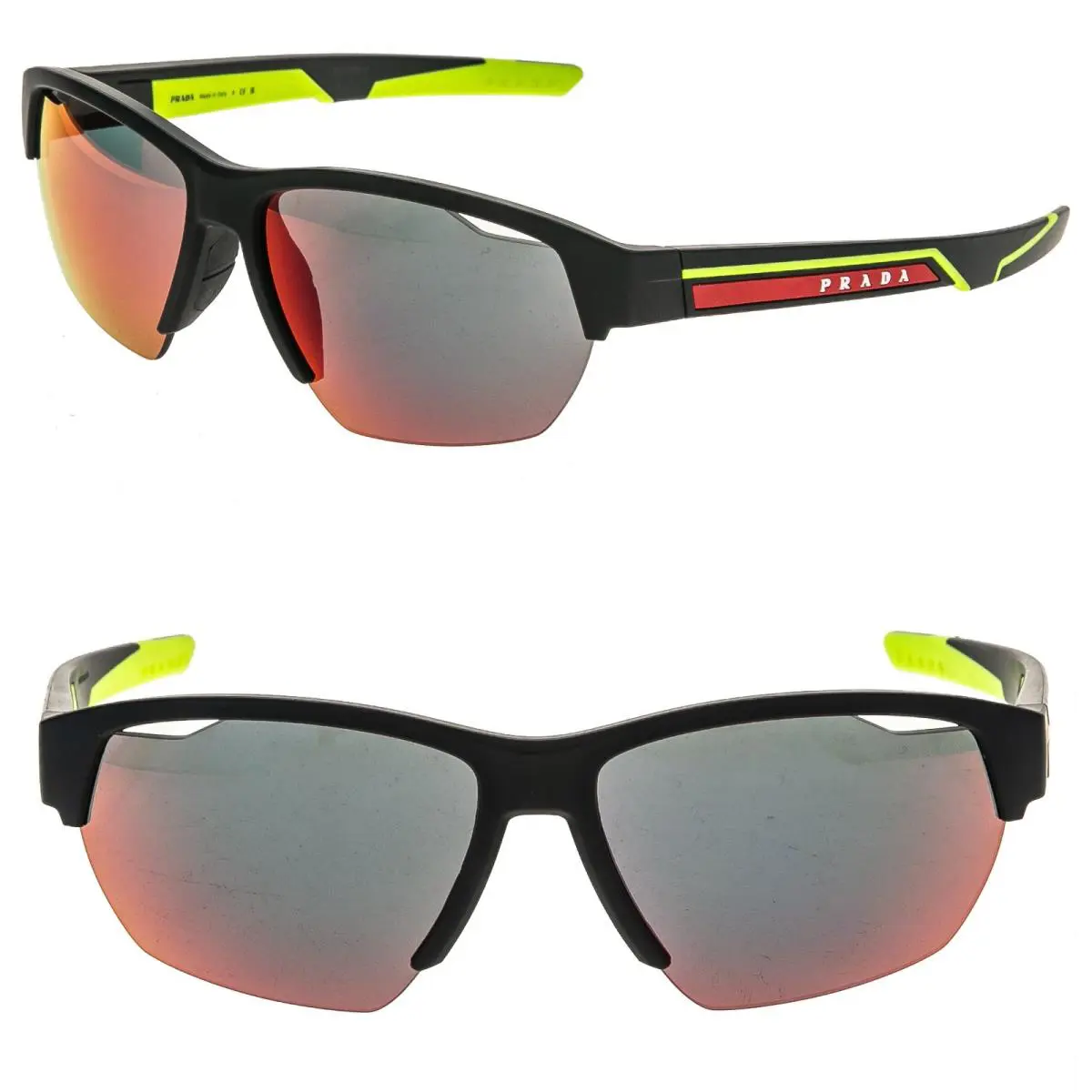 Prada PS03YS Linea Rossa Impavid 03Y Black Lime Red Mirror Sport Wrap Sunglass