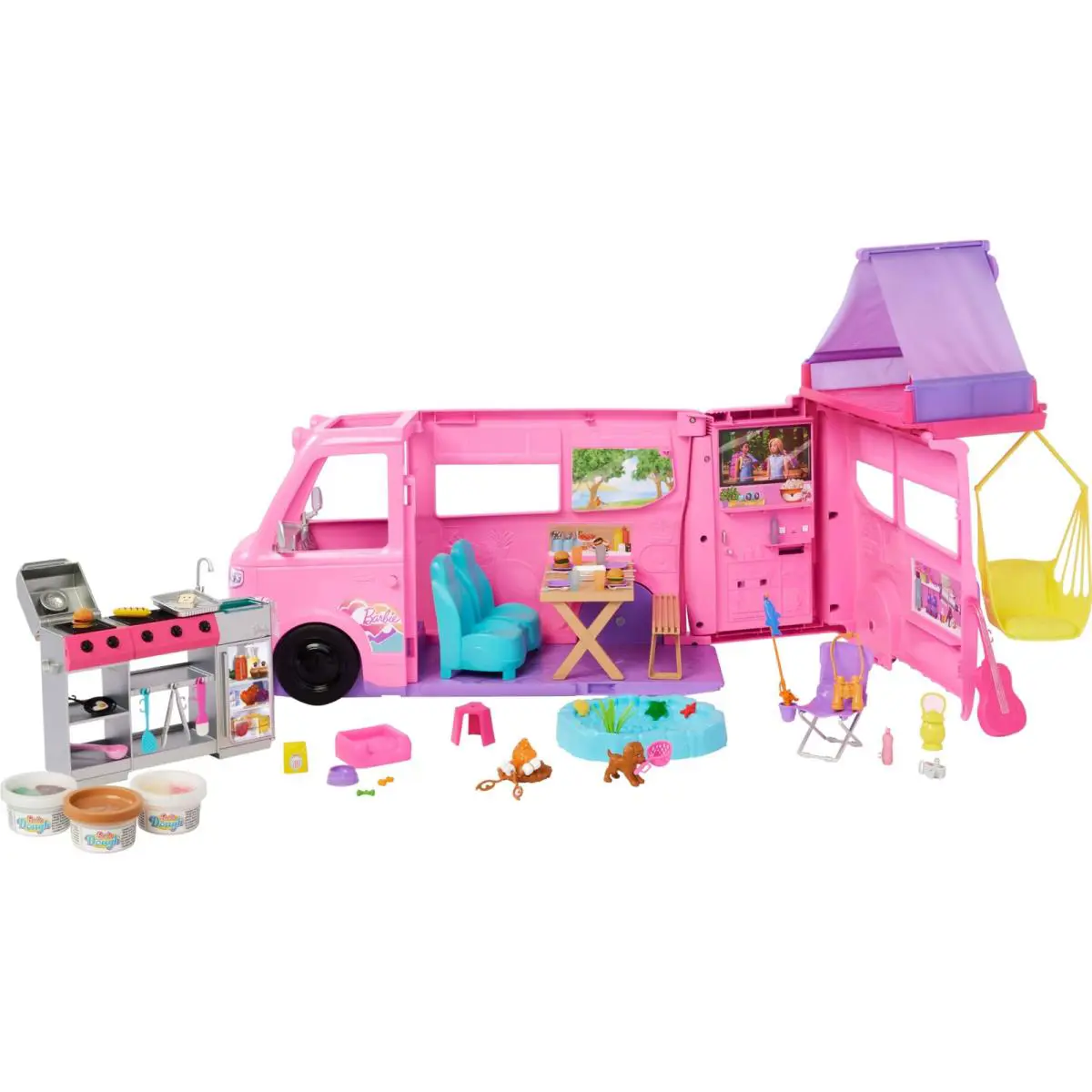 Barbie Dream Camper Playset with Roof Tent Swing Chair Fishing Pond Bbq Grill