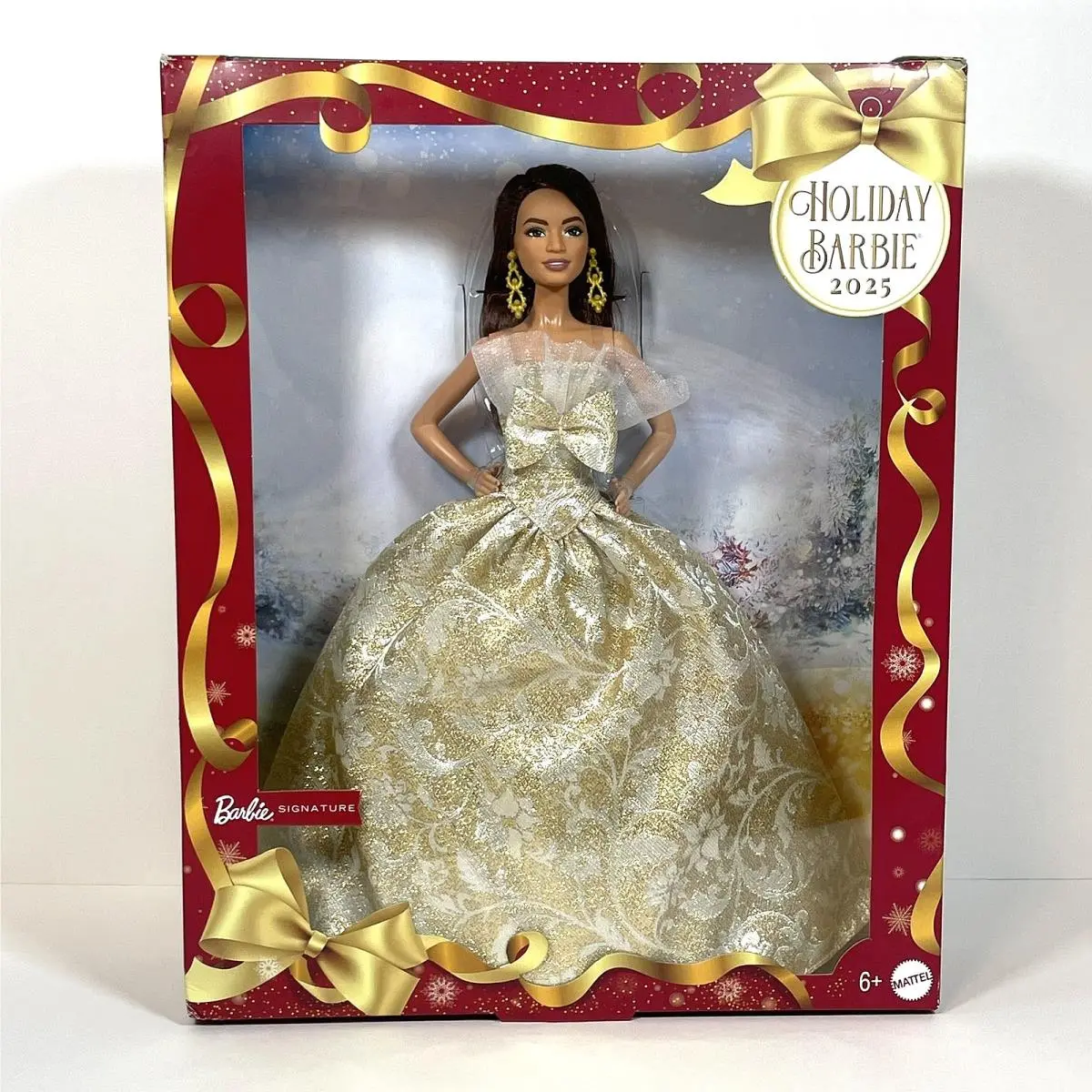 Holiday Barbie 2025 Dark Brown Hair Fashion Doll Wearing Gold Gown