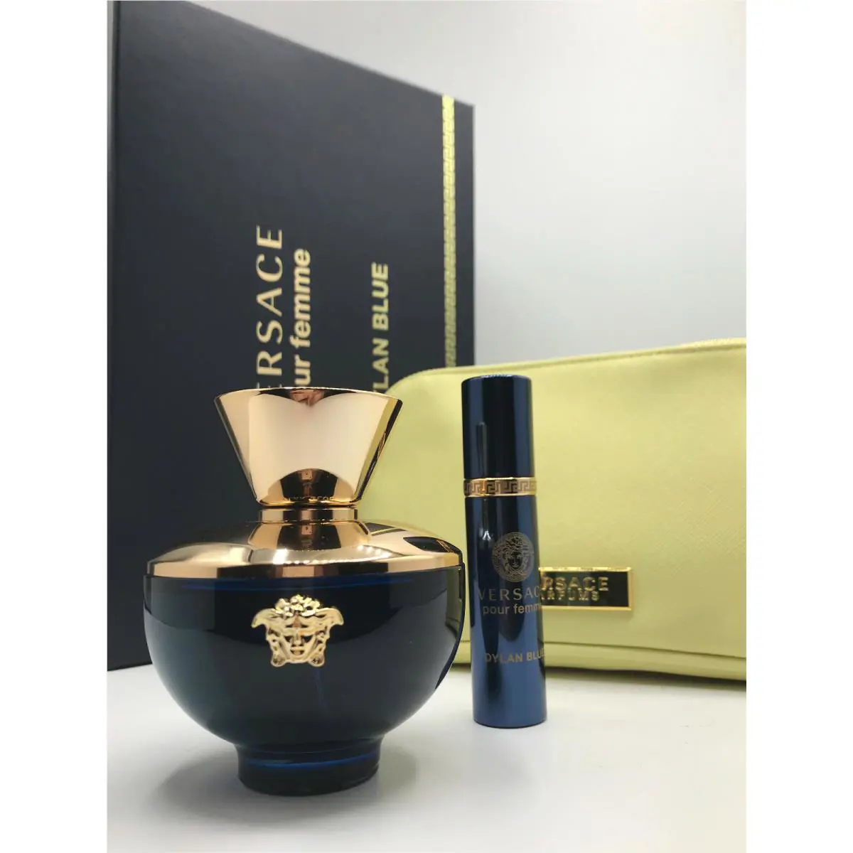 Versace Dylan Blue 3pc Set Parfum Spray 3.4 oz Travel Spray .34 oz and Bag