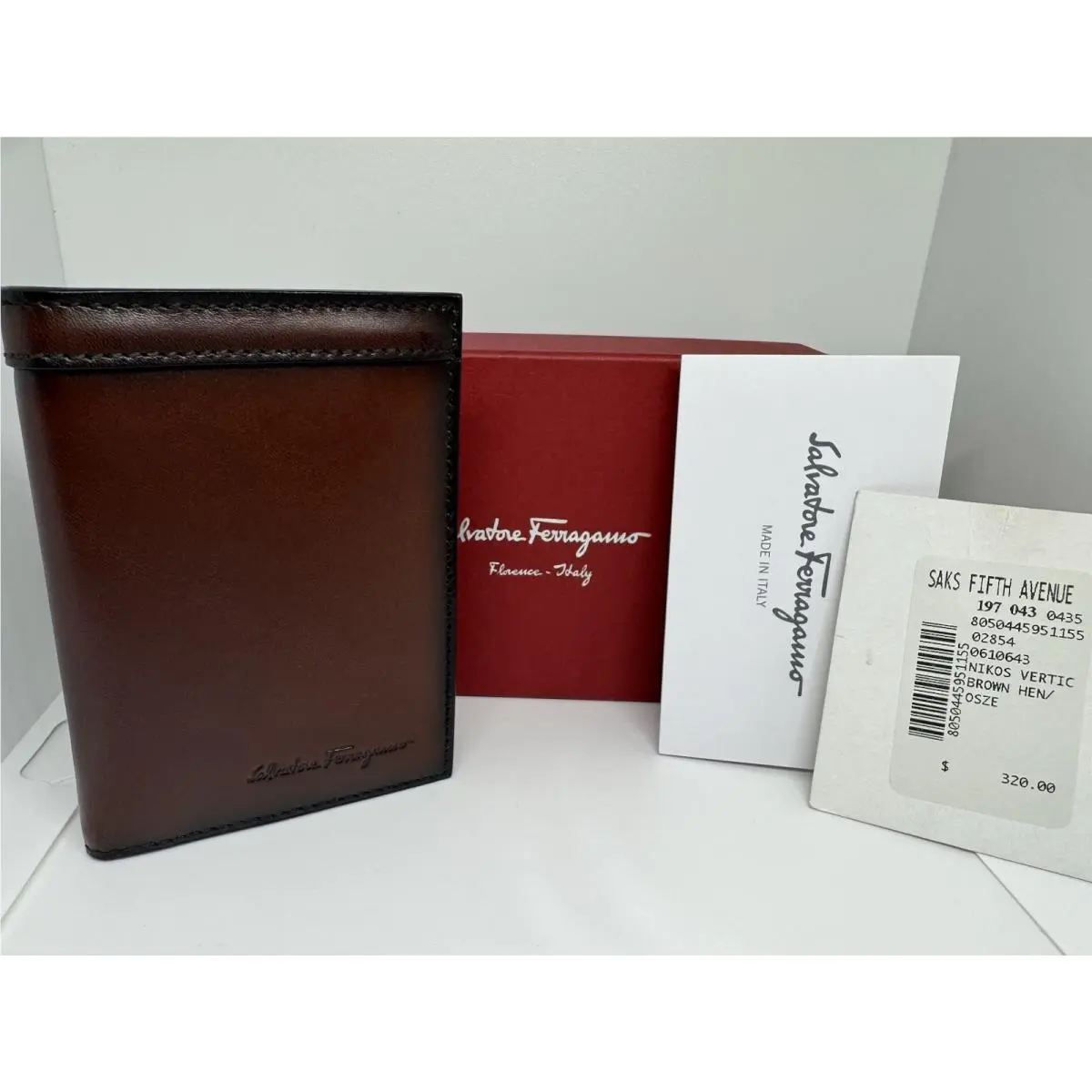 Salvatore Ferragamo Brown Nikos Leather Bifold ID Card Cash Case Wallet