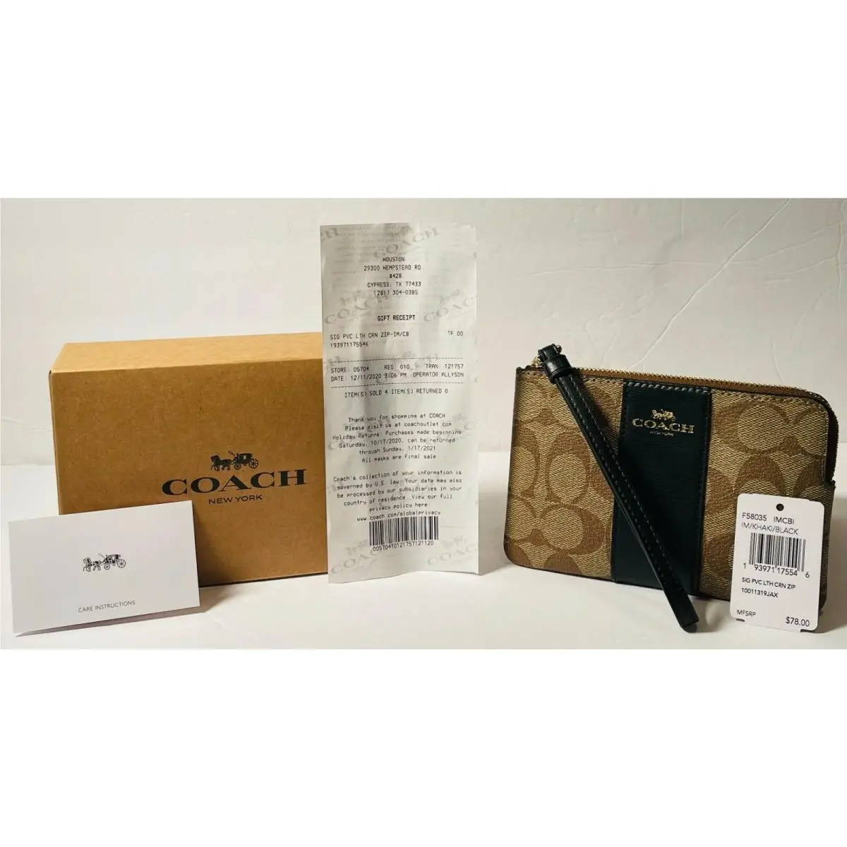 Coach Corner Zip Wristlet Signature Khaki Black Wallet Woman