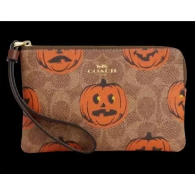 Coach 2025 Halloween Corner Zip Wristlet CCL20 Gold/tan Signature Pumpk