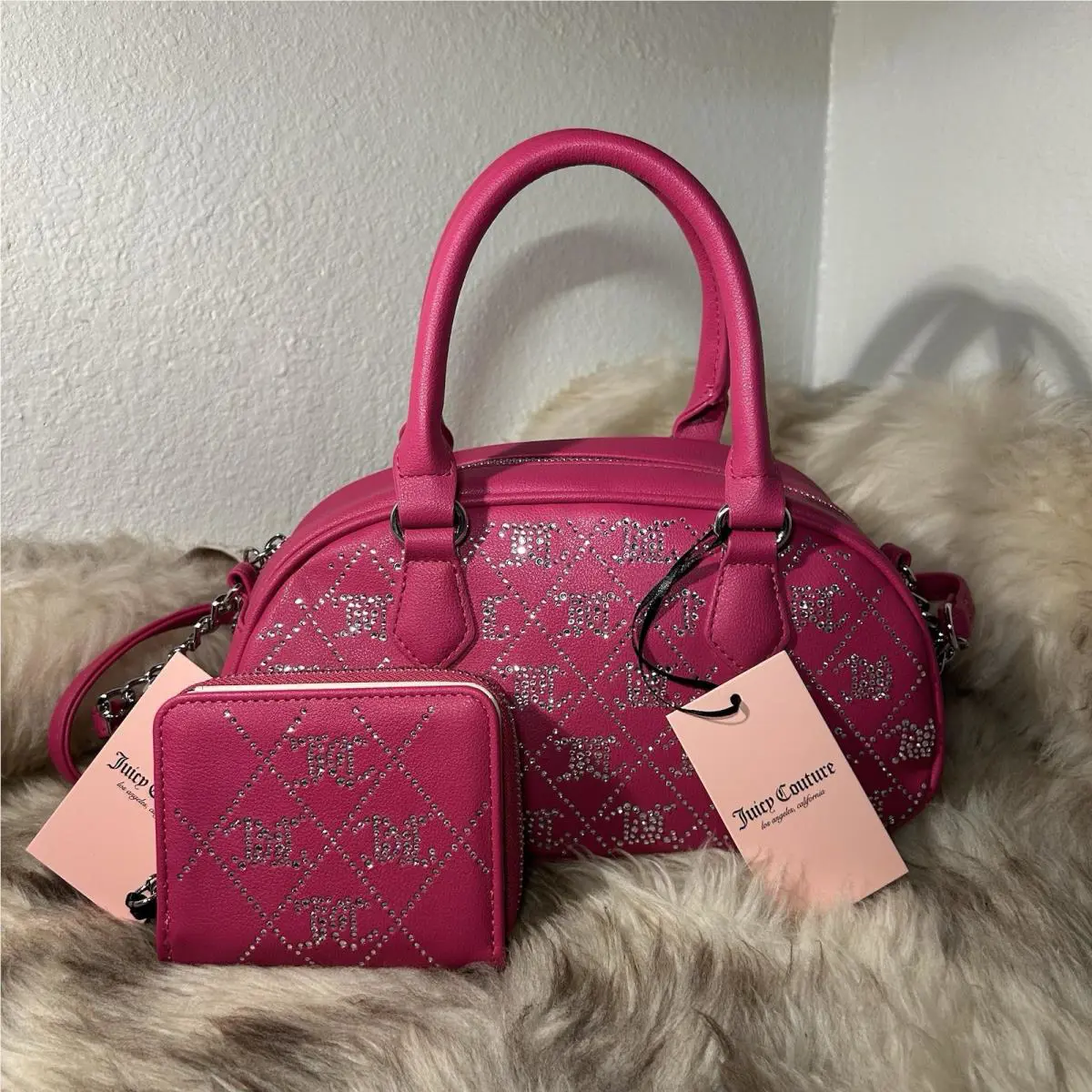 Juicy Couture Crystal Crush Satchel Zip Around Wallet Set - Raspberry Tart