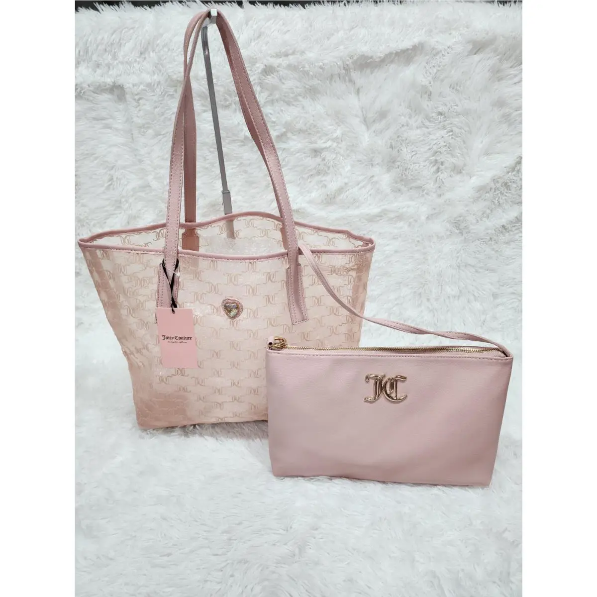 Juicy Couture Baby Pink Mesh Transparent Gelato Tote with Makeup Bag