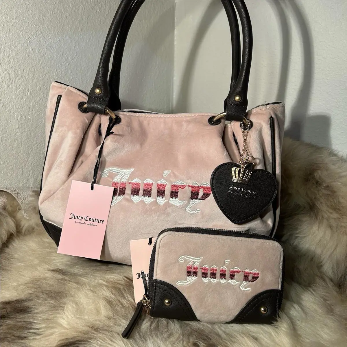 Juicy Couture Retro Vibe Satchel Wallet Set - Dusty Blush Velour