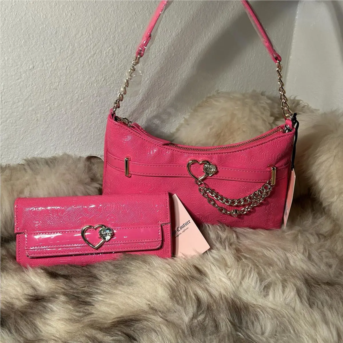 Juicy Couture Open Heart Shoulder Bag Wallet Set - Pink Flash