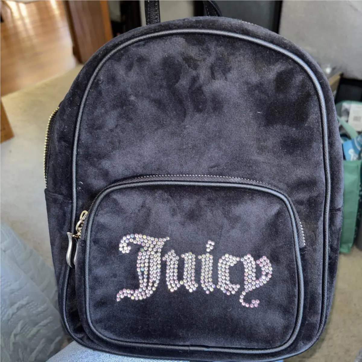 Juicy Couture Black Bling Velour Obsession Backpack Purse Bag Retail