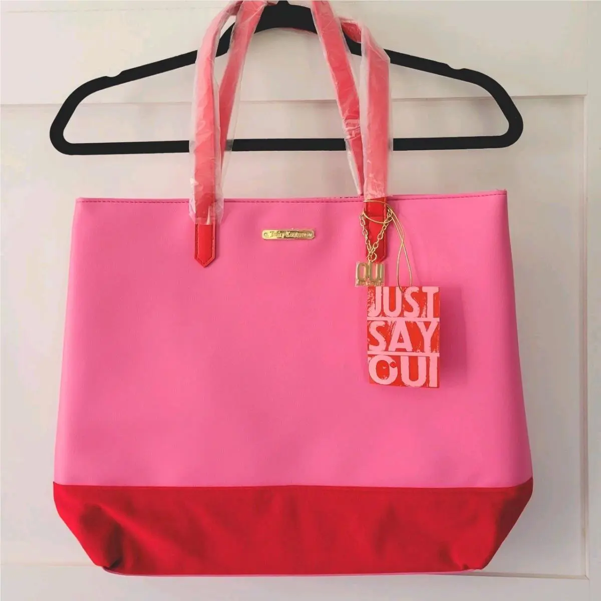 Juicy Couture Oui Charm Tote Bag Pink Red Velour Beach Carry On Gold Purse