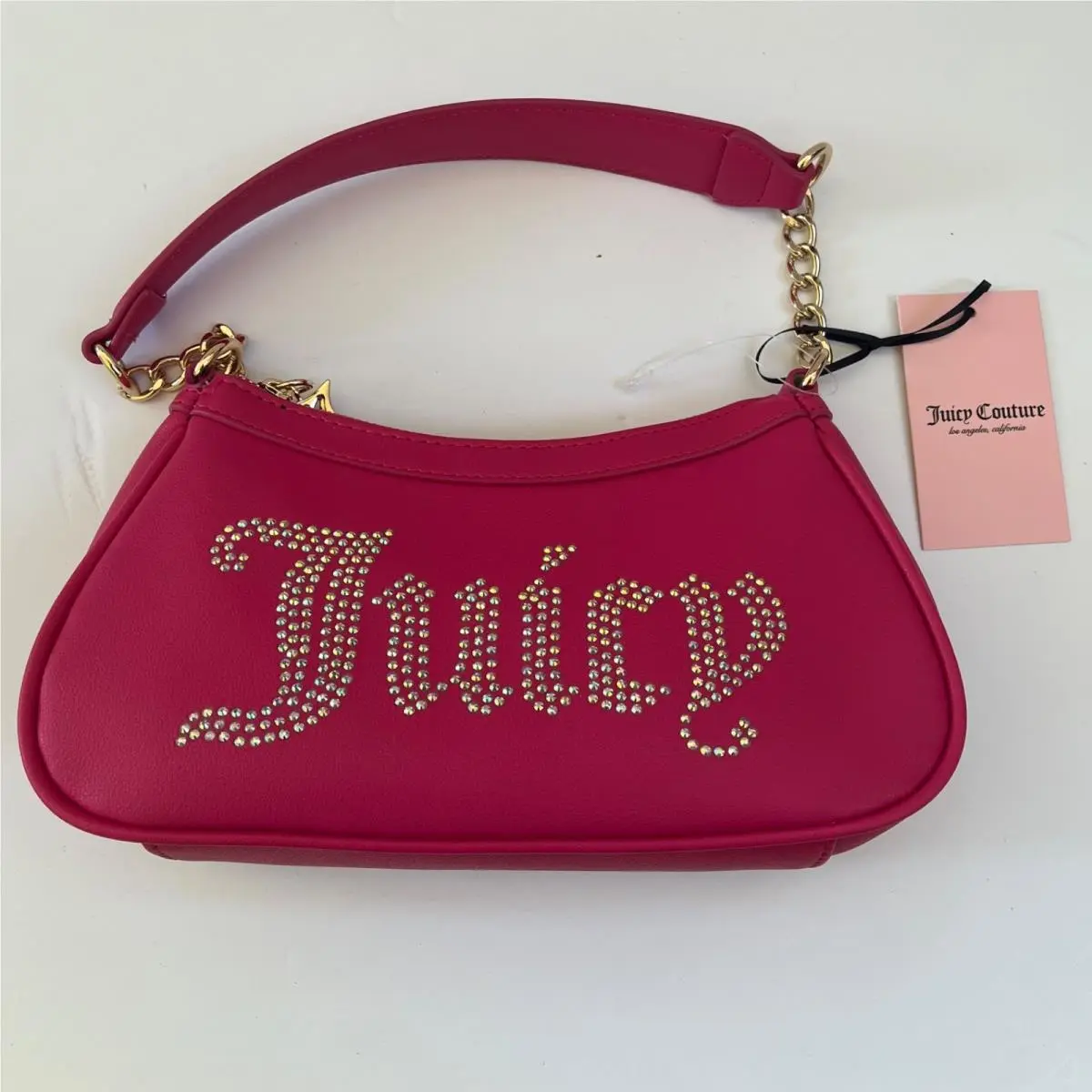 Juicy Couture Pink Rhinestone Logo Shoulder Bag – Mini Purse with Gold Cha