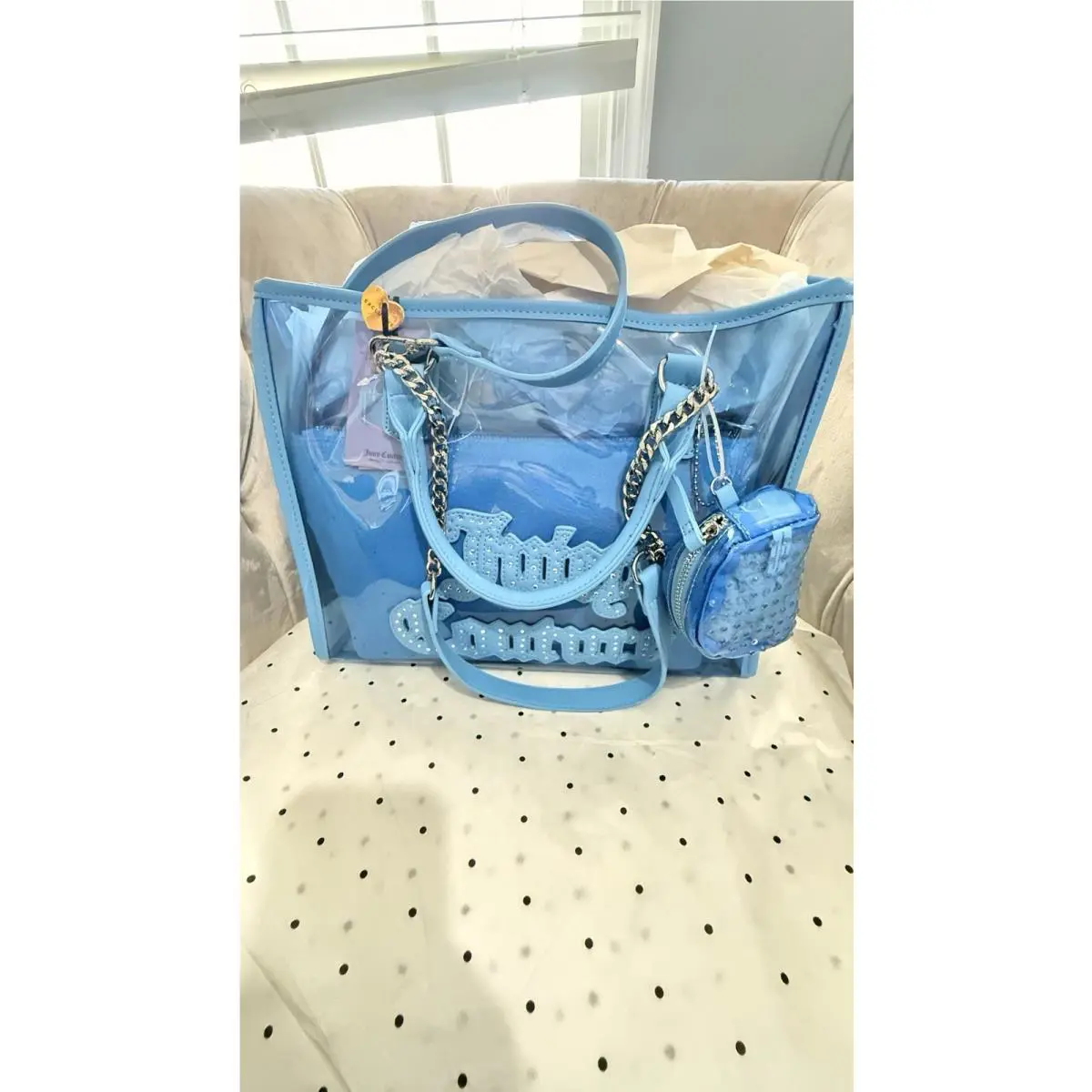 Juicy Couture Soft Serve Clear Large Tote Handbag Bag Mini Pouch Blue