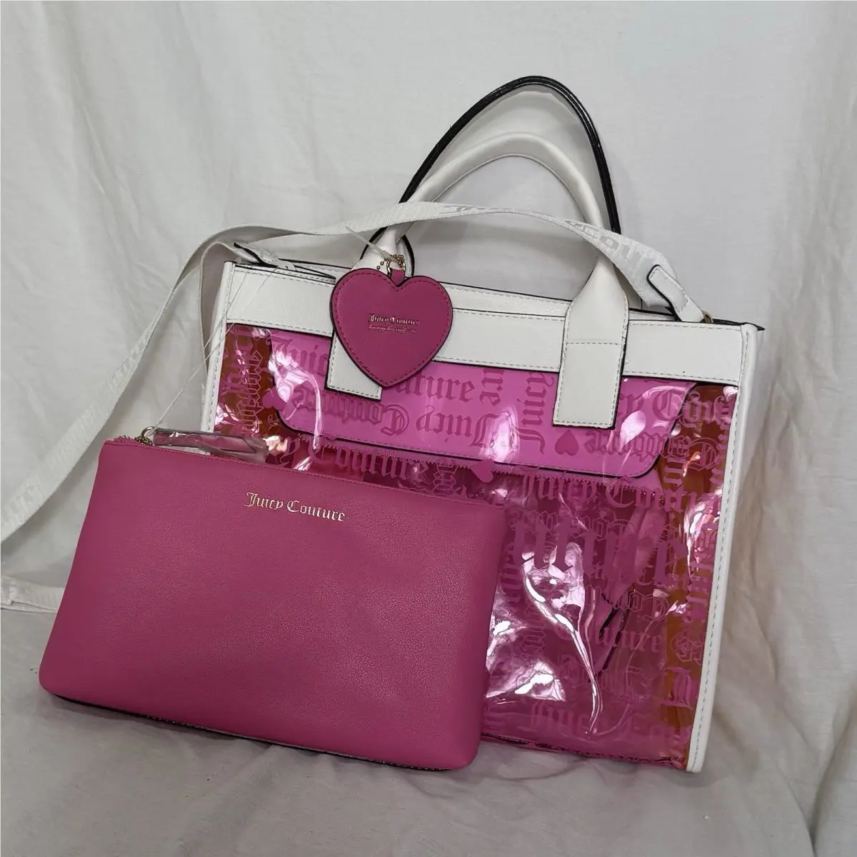 Juicy Couture Tote Bag Clear Pvc Heart Charm Pouch Crossbody School Purse