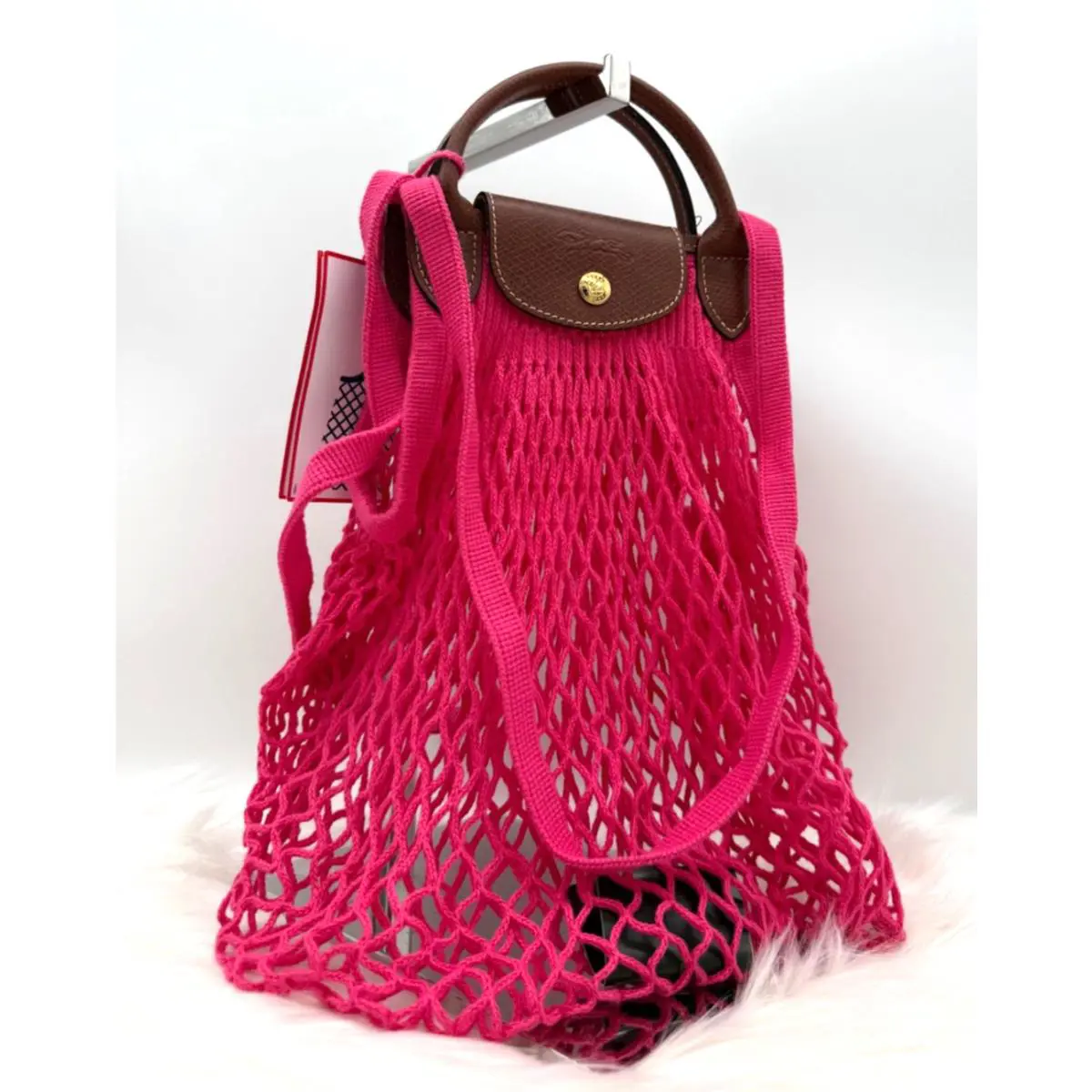 Longchamp Le Pliage Filet Mesh Knit Top Handles Shoulder Bag In Candy