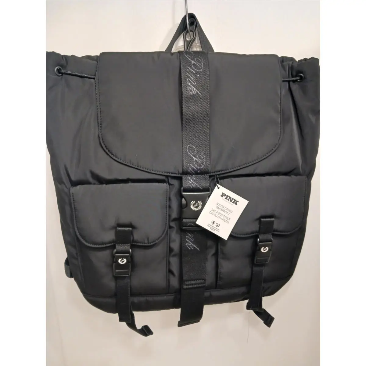 Victoria`s Secret Pink Nylon Black Cargo Backpack Adjustable Strap Pockets