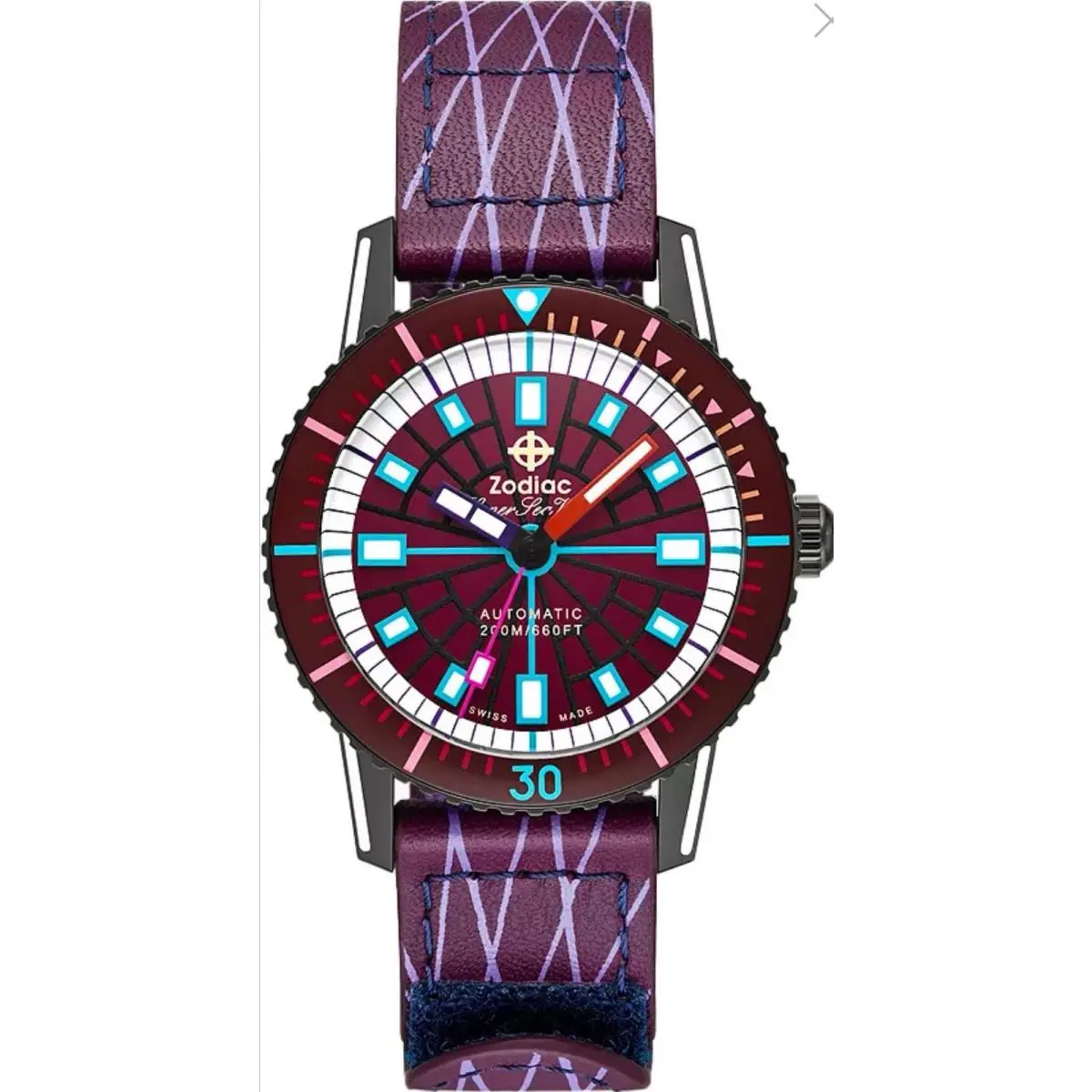 Zodiac ZO9307 Super Sea Wolf Laser Tag Edition Compression Diver Automatic Watch - Dial: Purple, Band: Purple, Bezel: Red