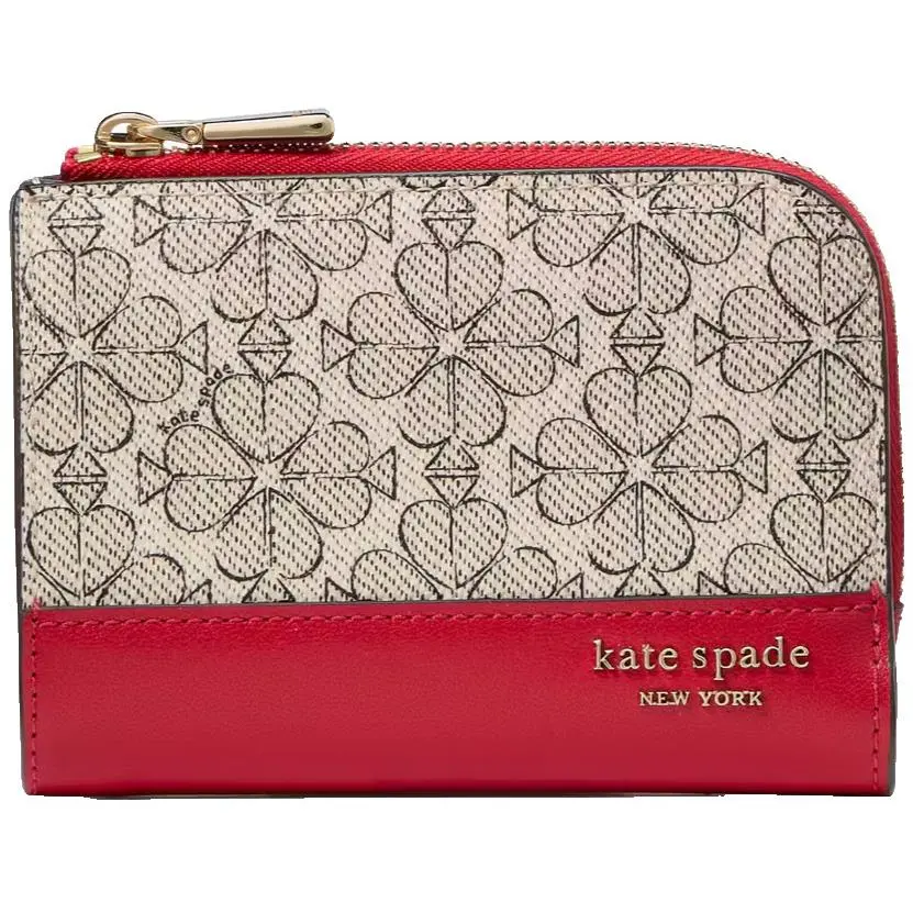 Kate Spade Flower Small Compact L-zip Wallet KJ646 Coated Canvas Gray Red