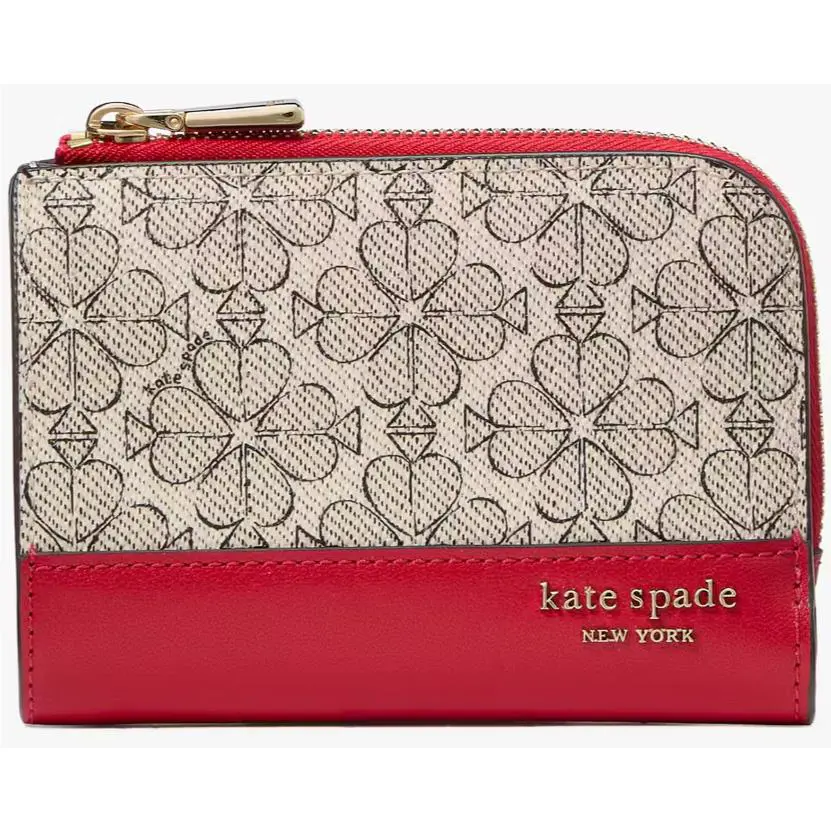 Kate Spade Flower Small Compact L-zip Wallet KJ646 Coated Canvas Gray Red