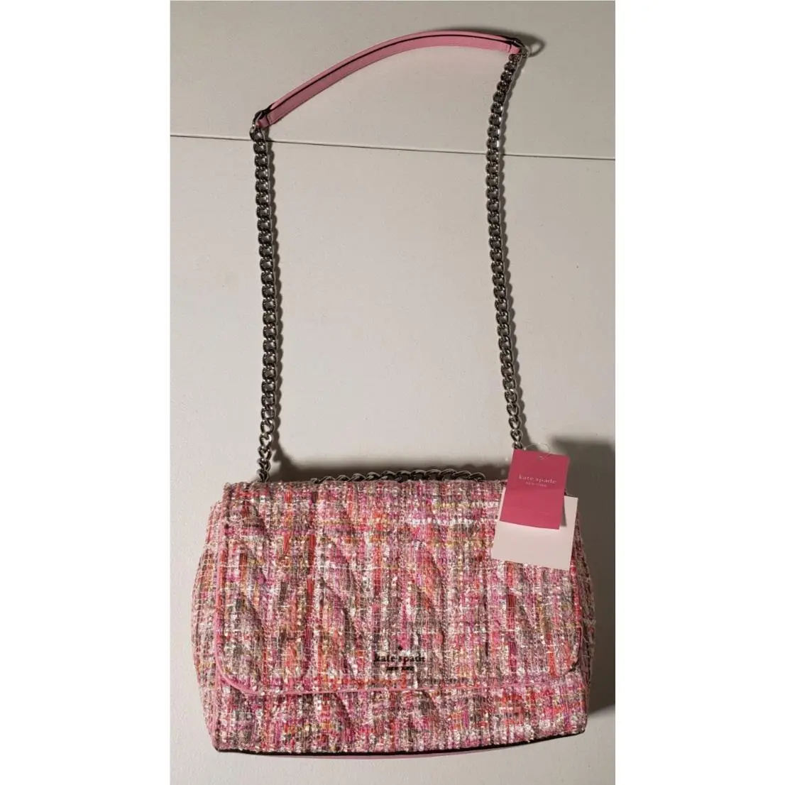 Kate Spade Emelyn Briar Lane Quilted Tweed Crossbody Bag Chain Strap Pink