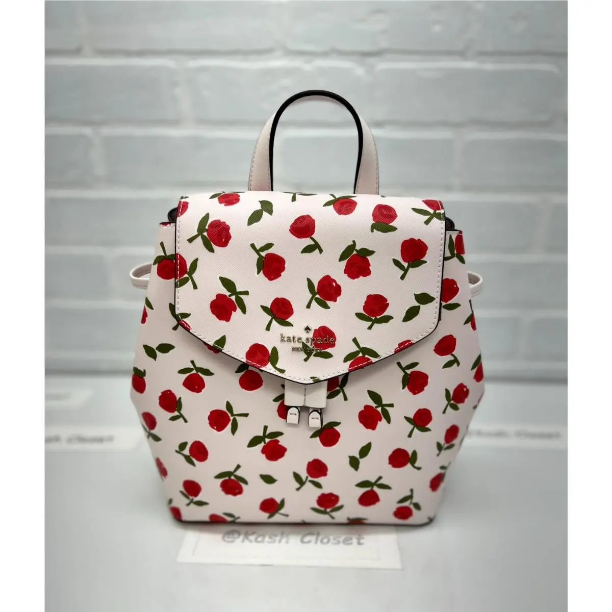 Kate Spade Lizzie Medium Festive Rosette Leather Flap Backpack Rose Print