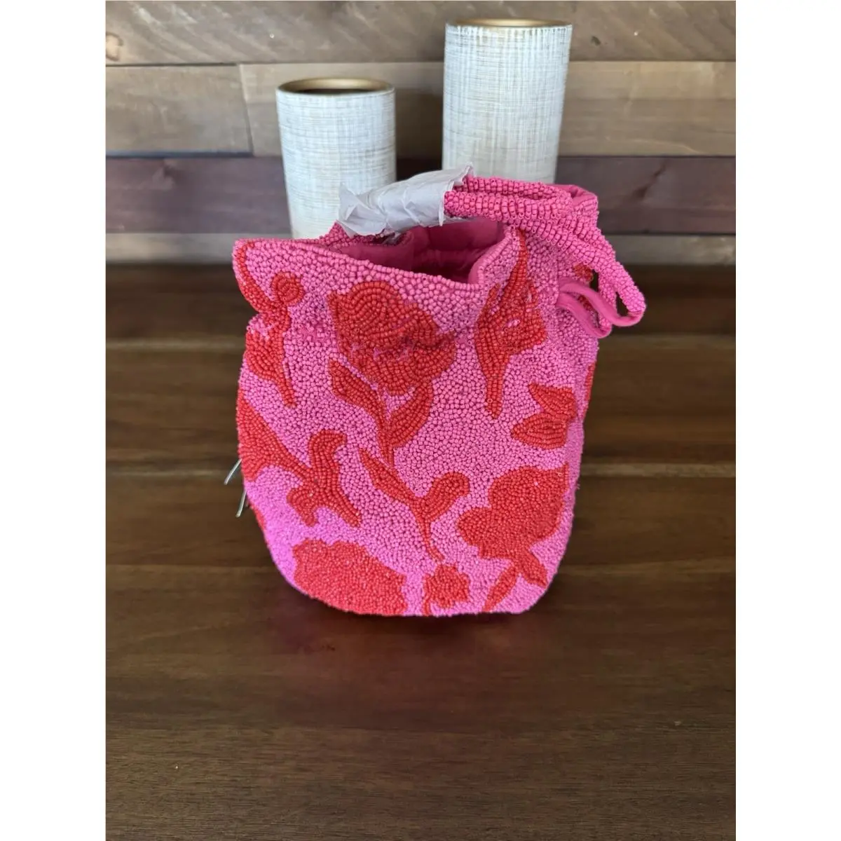Kate Spade x Target Beaded Rose Drawstring Bucket Bag Pink Red