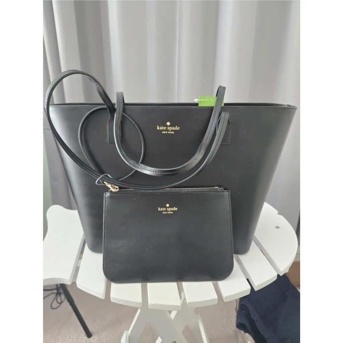 Kate Spade Harmony Smooth Black Leather Tote + Wristlet Purse WKRU4766 FS Y