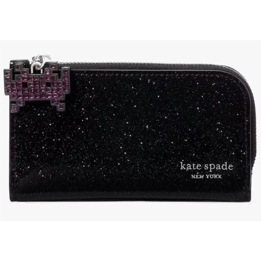 Kate Spade Space Invaders Small Slim Bifold Black Leather Wallet KI755