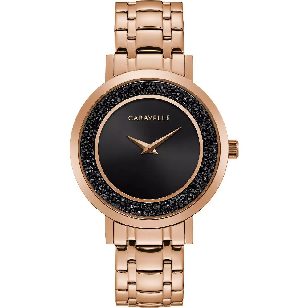 Women`s Modern Black Dial Rose Gold Bracelet Watch 44L252 by Caravelle