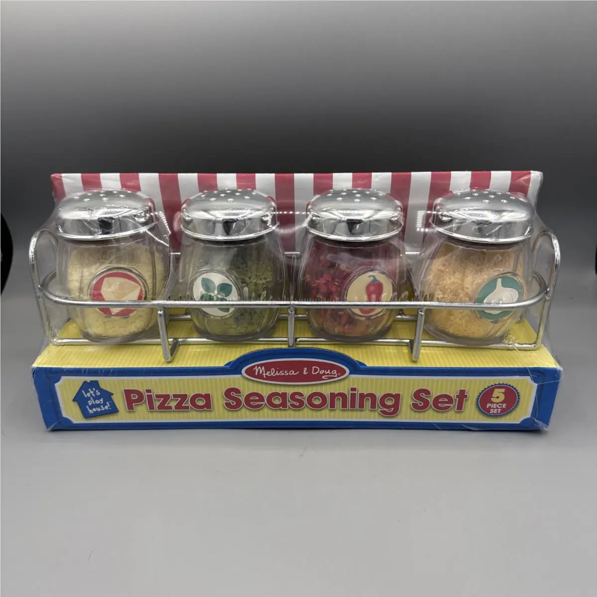 Melissa and Doug Food Play 5 Piece Let`s Play House Pizza Seasoning Set Rare