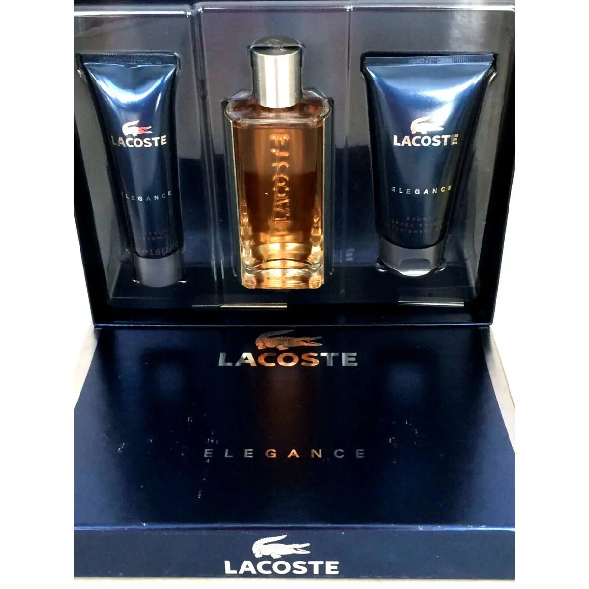Lacoste Elegance For Men 3 Pcs Gift Set : 3 oz Edt Spr+ 2.5 Asb+ 1.6 S.gel -d.bx
