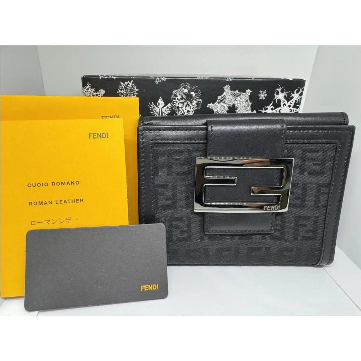 Fendi Black FF Logo Leather Bifold Credit Card Case Coins Purse Wallet Box