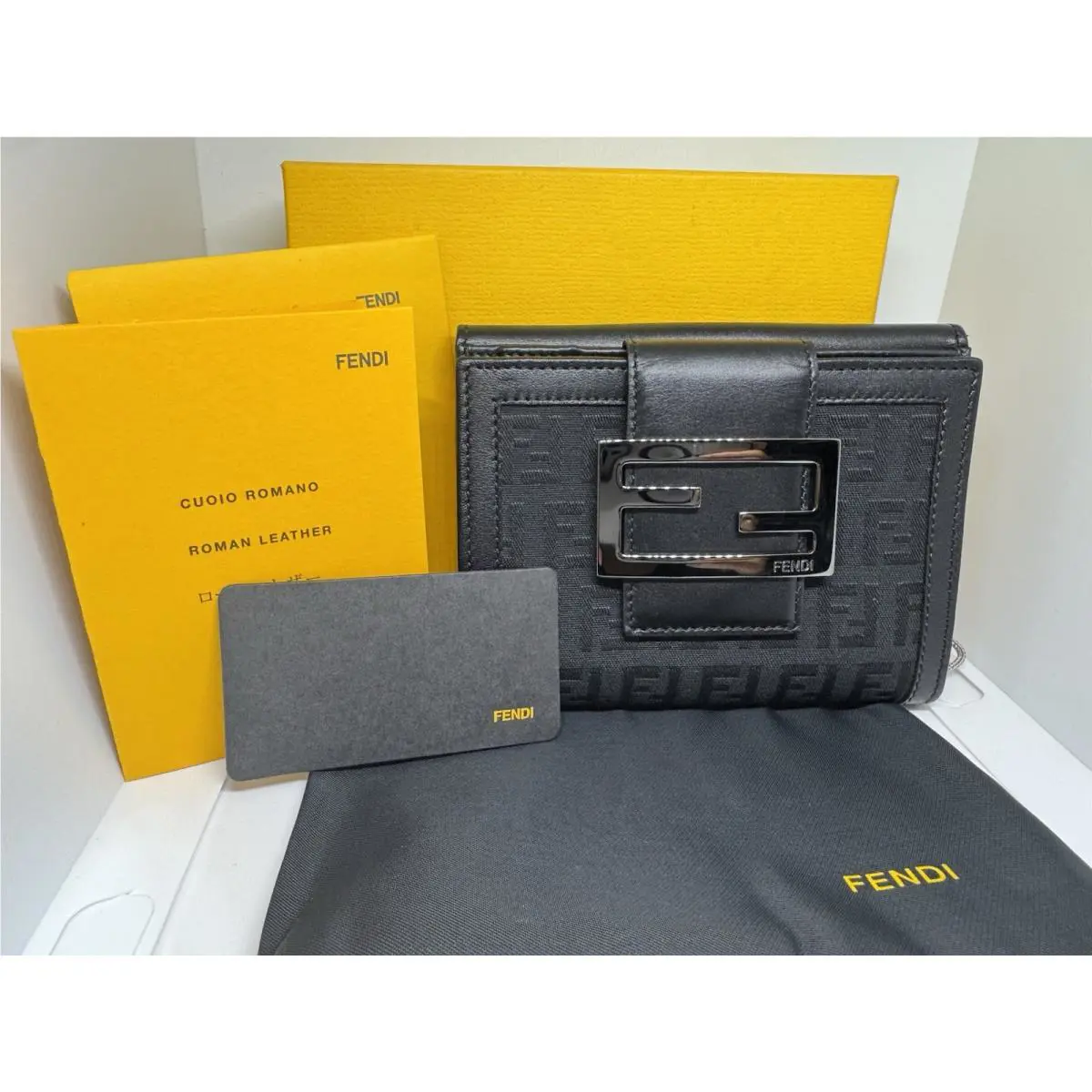 Fendi Black FF Logo Leather Bifold Credit Card Case Coins Purse Wallet Box