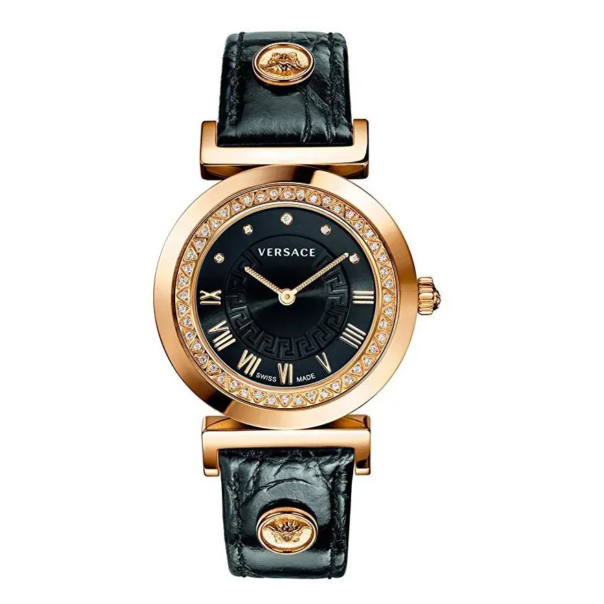 Versace Women`s P5Q84SD009 S009 Vanity 53 Diamonds Gold IP Black Leather Watch