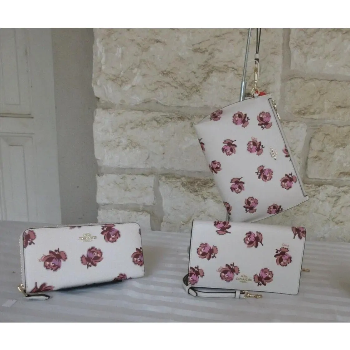 Chalk Floral Rose Leather Crossbody LG Wristlet Wallet or 3 Pcs. Opt 3 pc SET: X-BODY Bag + LG Wallet + Lg Wristlet by Coach