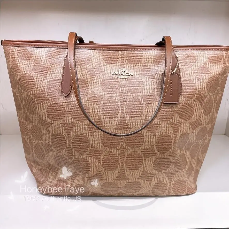 Large City Tote Bag In Maxi Signature Canvas CCD66 Gold/Tan/Brown by Coach