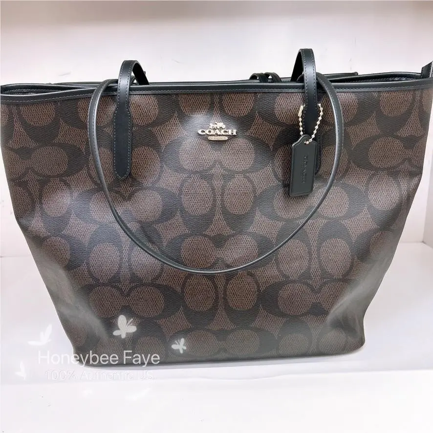 Large City Tote Bag In Maxi Signature Canvas CCD66 Gold/Walnut/Black by Coach