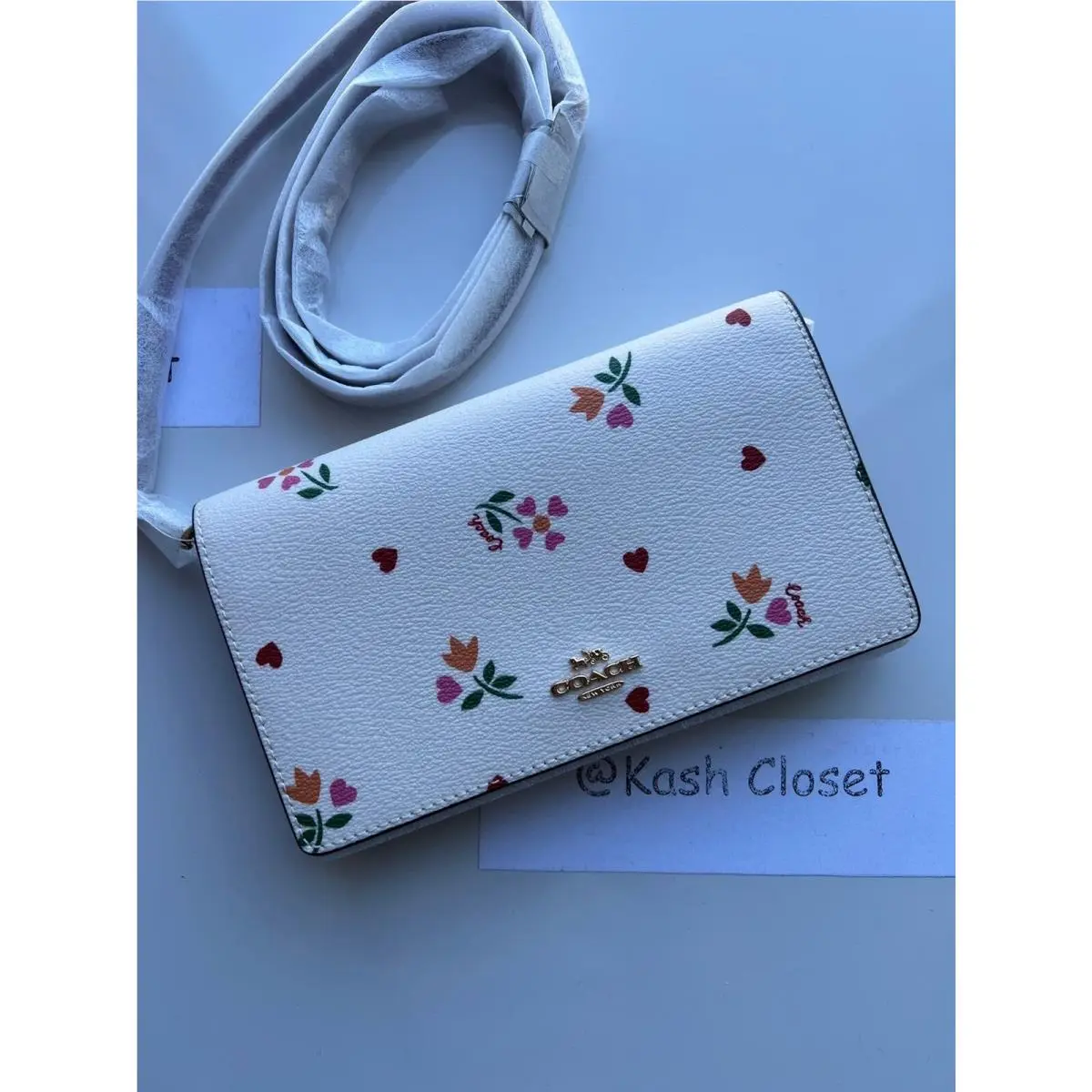 Coach Crossbody Anna Foldover Clutch with Heart Petal Print Chalk Multi