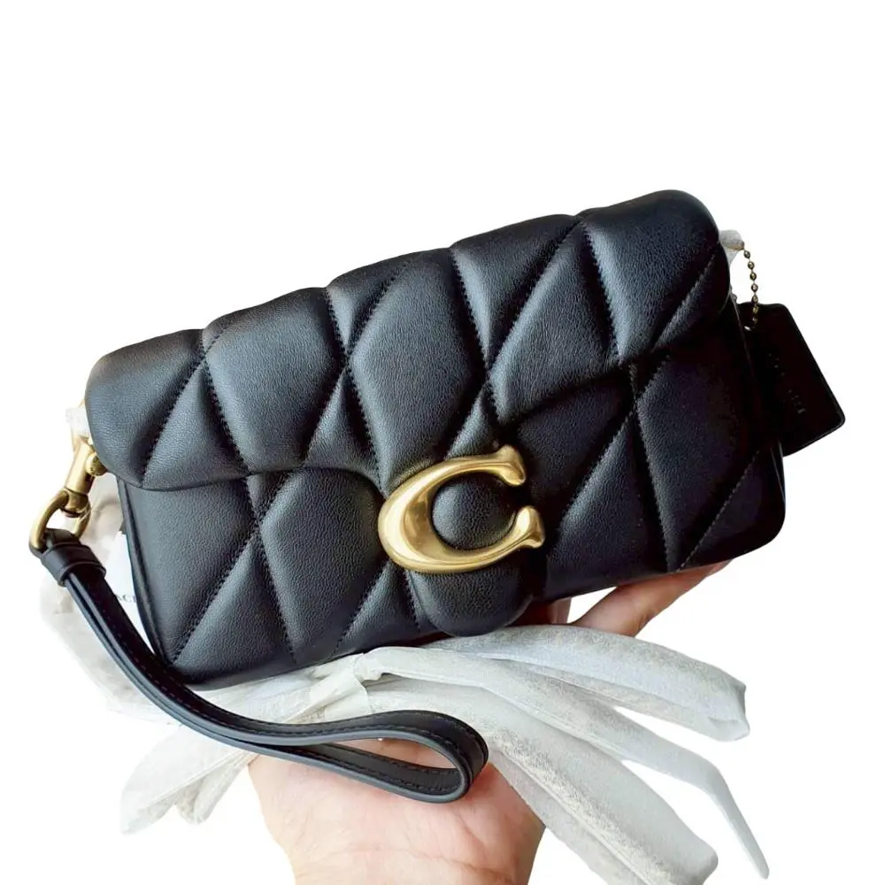 Coach Quilted Pillow Leather Tabby Wristlet w/ Chain Crossbody Bag Black CP018