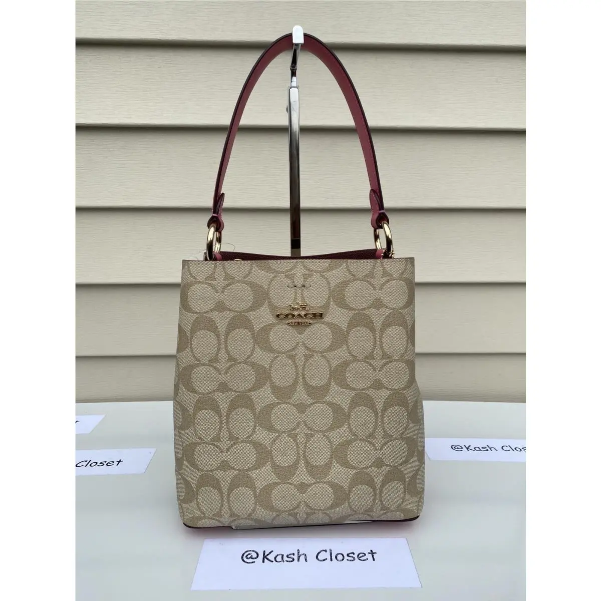 Coach Bucket Bag Signature Town Small Purse Khaki Pink