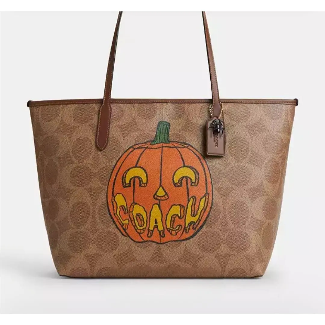 Coach City Tote Bag In Signature Canvas with Halloween Print Pumpkin 2025