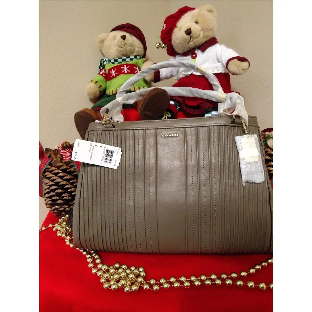 Coach Madison Pintuck Leather Cafe Carryall Satchel Shoulder Bag 27889 Brown