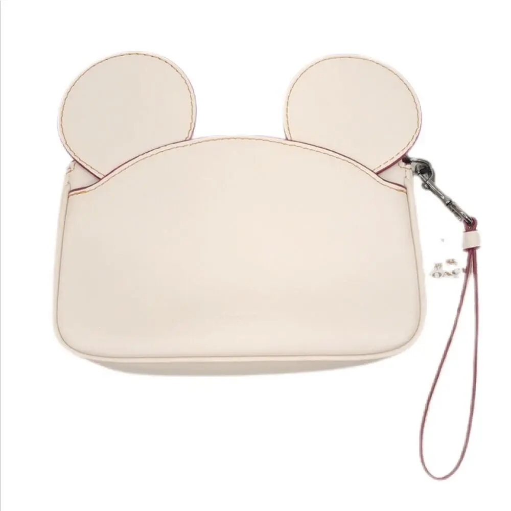 Women`s Cream Coach Chalk Mickey Ears Leather Wristlet