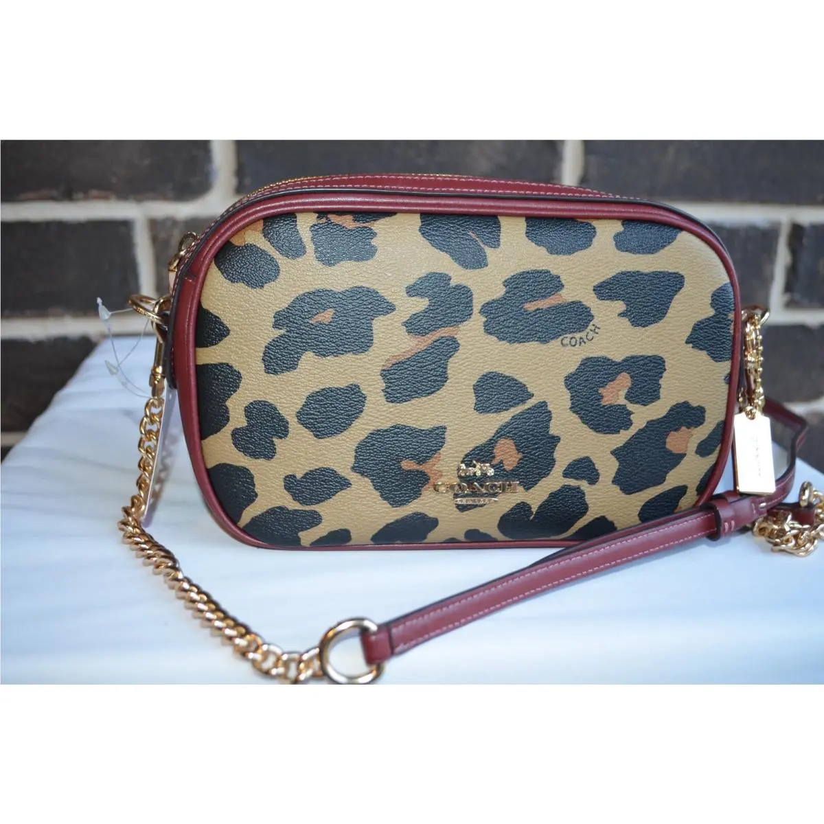 Coach Isla Leopard Wine Coated Canvas Leather Chain Crossbody F39587
