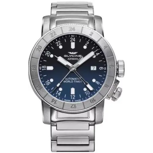 Glycine GL0156 Airman Automatic World Time Date Blue Dial Men`s Watch 850