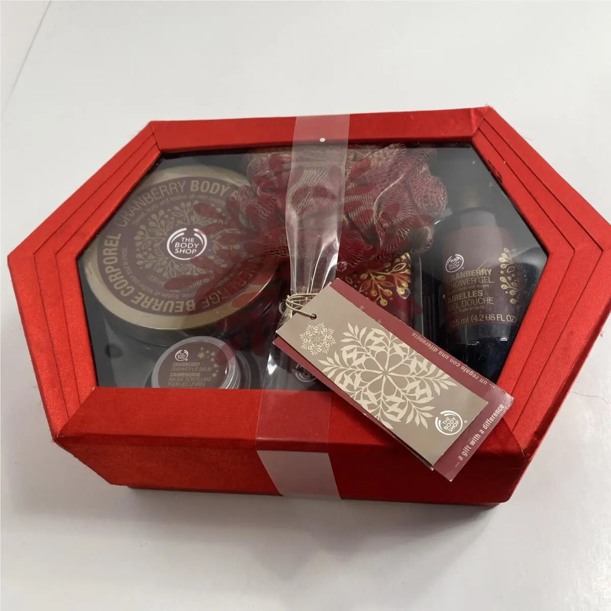 The Body Shop Cranberry Gift Set Body Butter Shower Gel Soap Lip Balm Puff by THE BODY SHOP