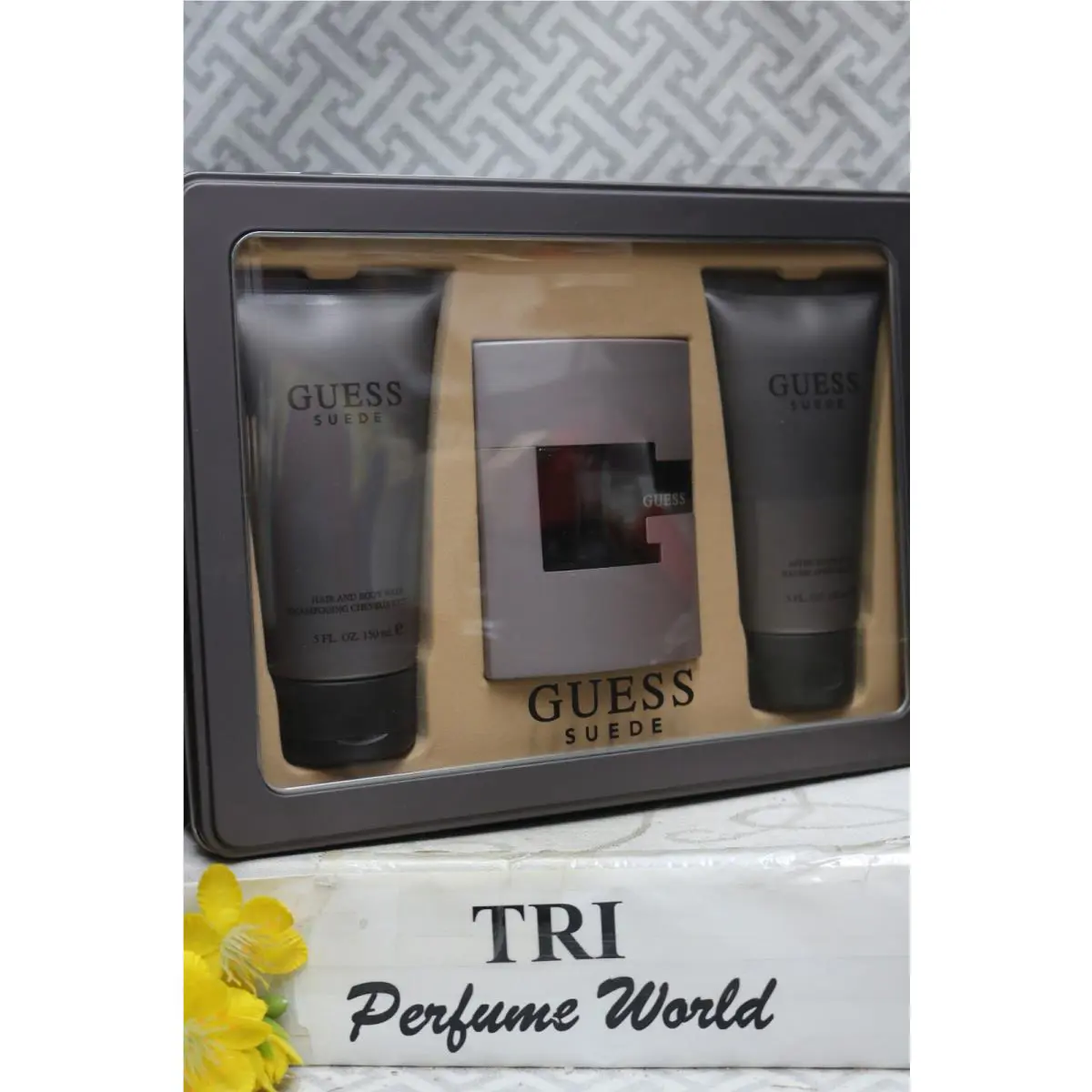 Guess Suede For Men 3 Pcs. Set Edt Spray 2.5 + After Shave Balm+ Body Wash 5 oz