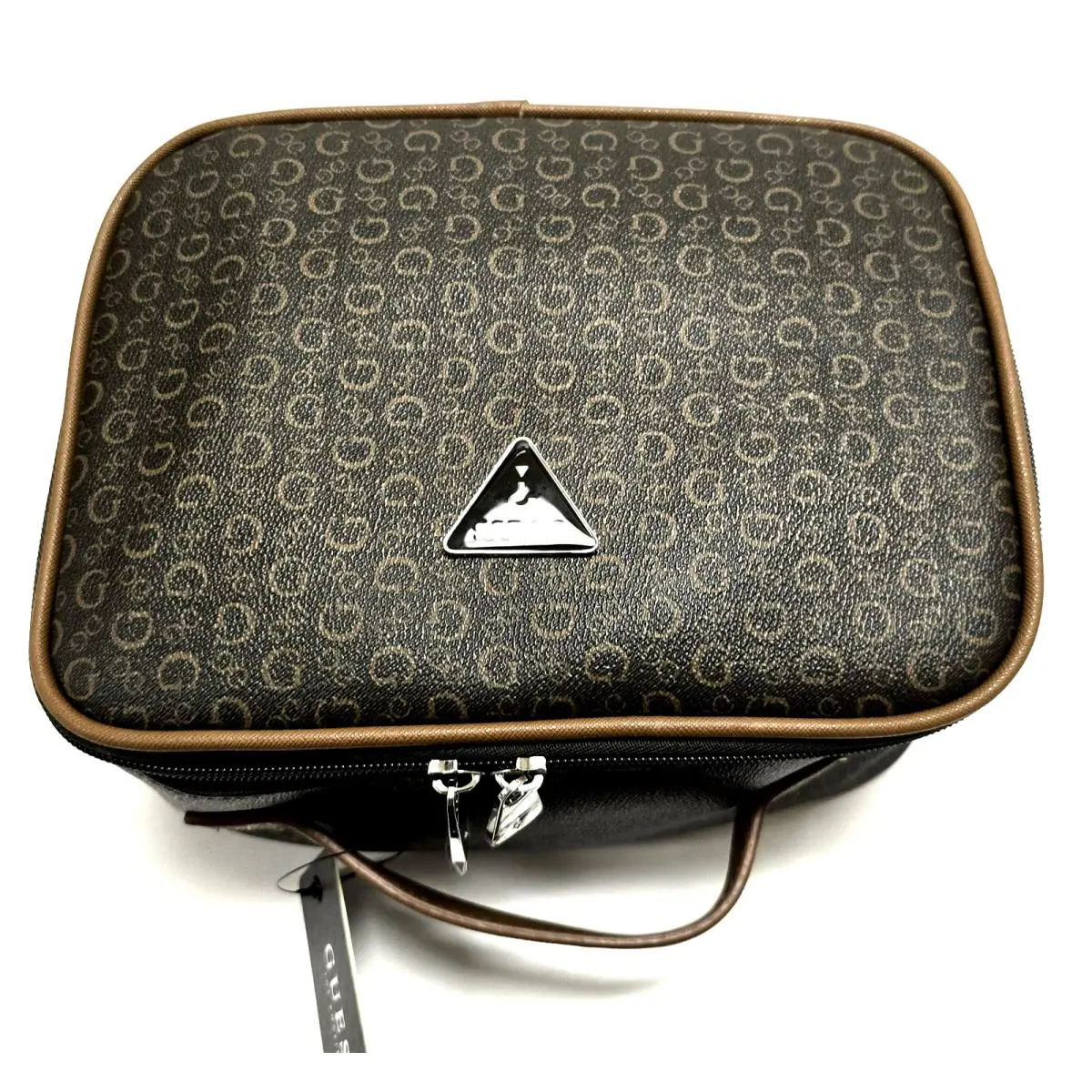 Guess Brown Natural Logo Pvc Cosmetic Junction Travel Bag Pouch with Handle