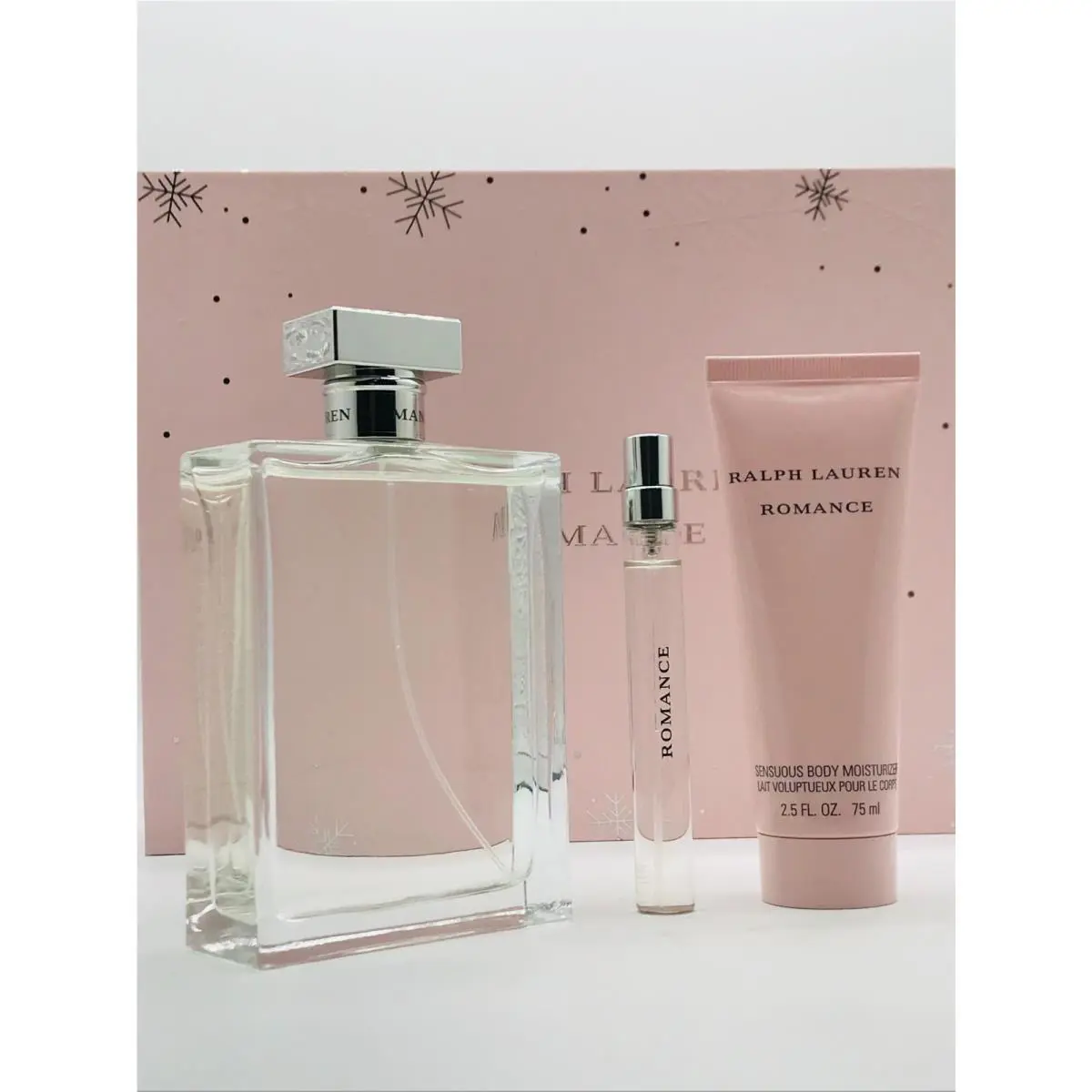 Ralph Lauren Romance 3pc Set Parfum Spray 5.1 oz Lotion 2.5 oz Travel Spray .34