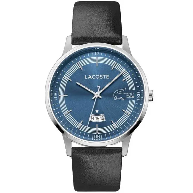 Lacoste Madrid 2011034 Blue Dial Black Leather Strap 41MM Mens Watch - Dial: Blue, Band: Black, Bezel: Silver